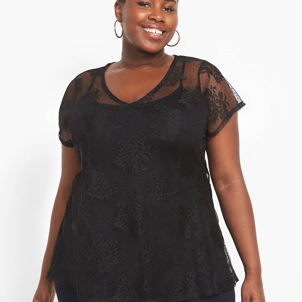 Black lace short cap sleeve lace peplum top Lane Bryant size 22/24 - Picture 2 of 9